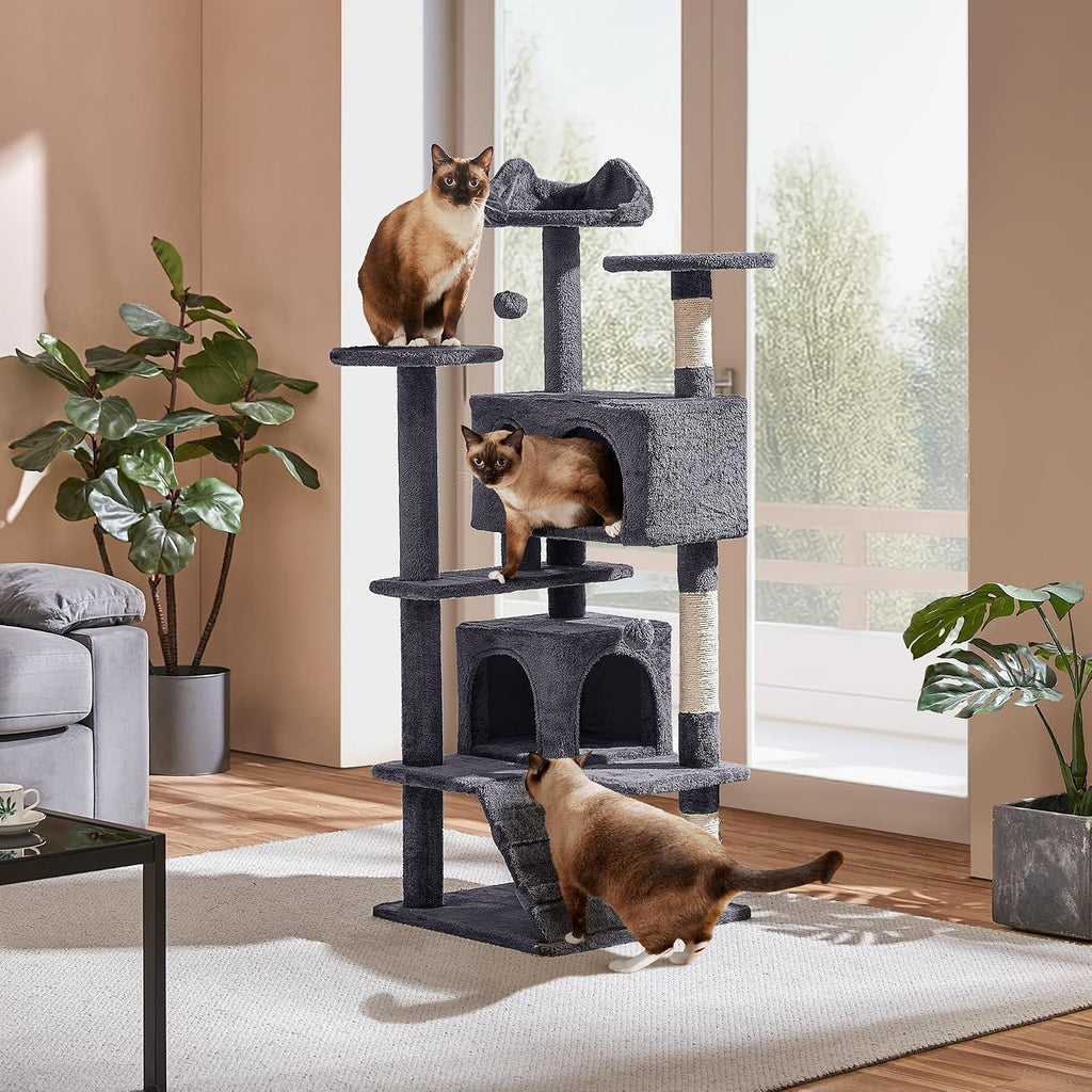 Yaheetech 54in Cat Tree Tower, 2 Caves, Kitten-Ear Perch & Scratching Posts