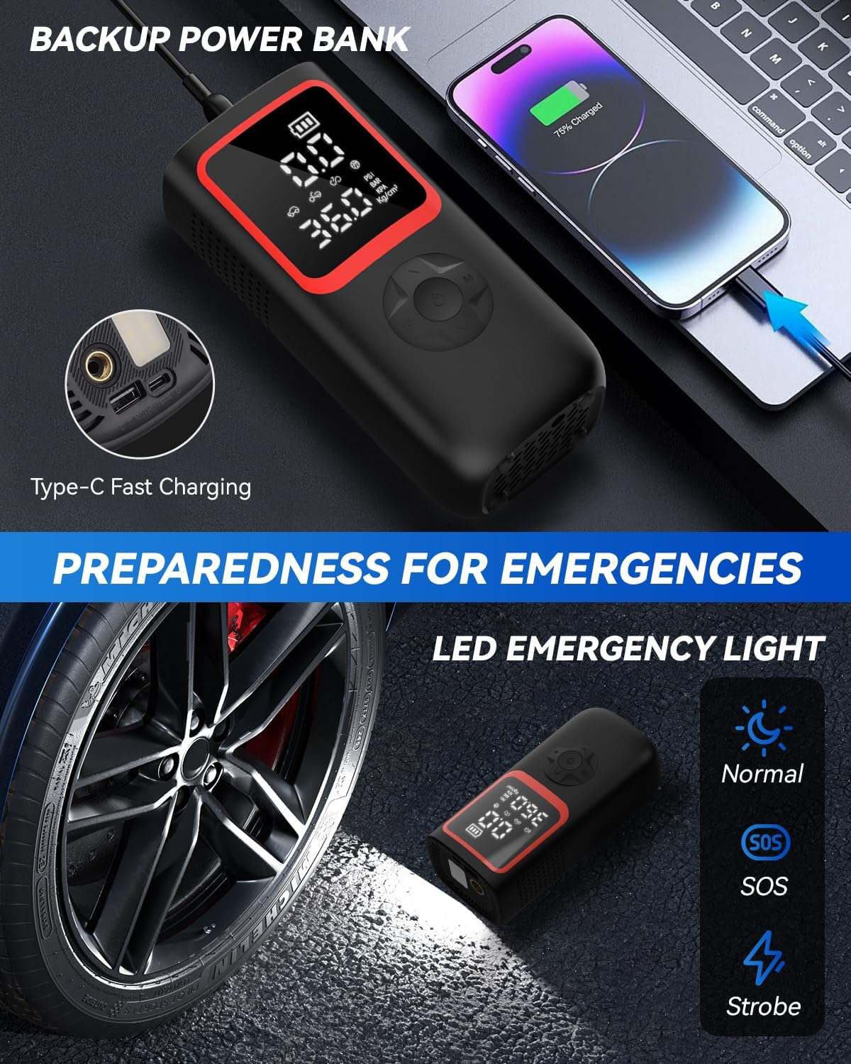 KOLTGOO 150PSI Tire Inflator, Portable Air Pump for Car Tires