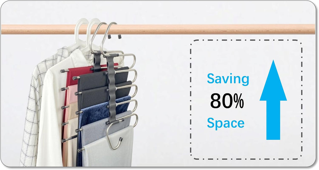 Magic Pants Hangers Space Saving - 2 Pack for Closet Multiple Layers Multifunctional Uses Rack Organizer for Trousers Scarves Slack (2 Pack with 10 Metal Clips)