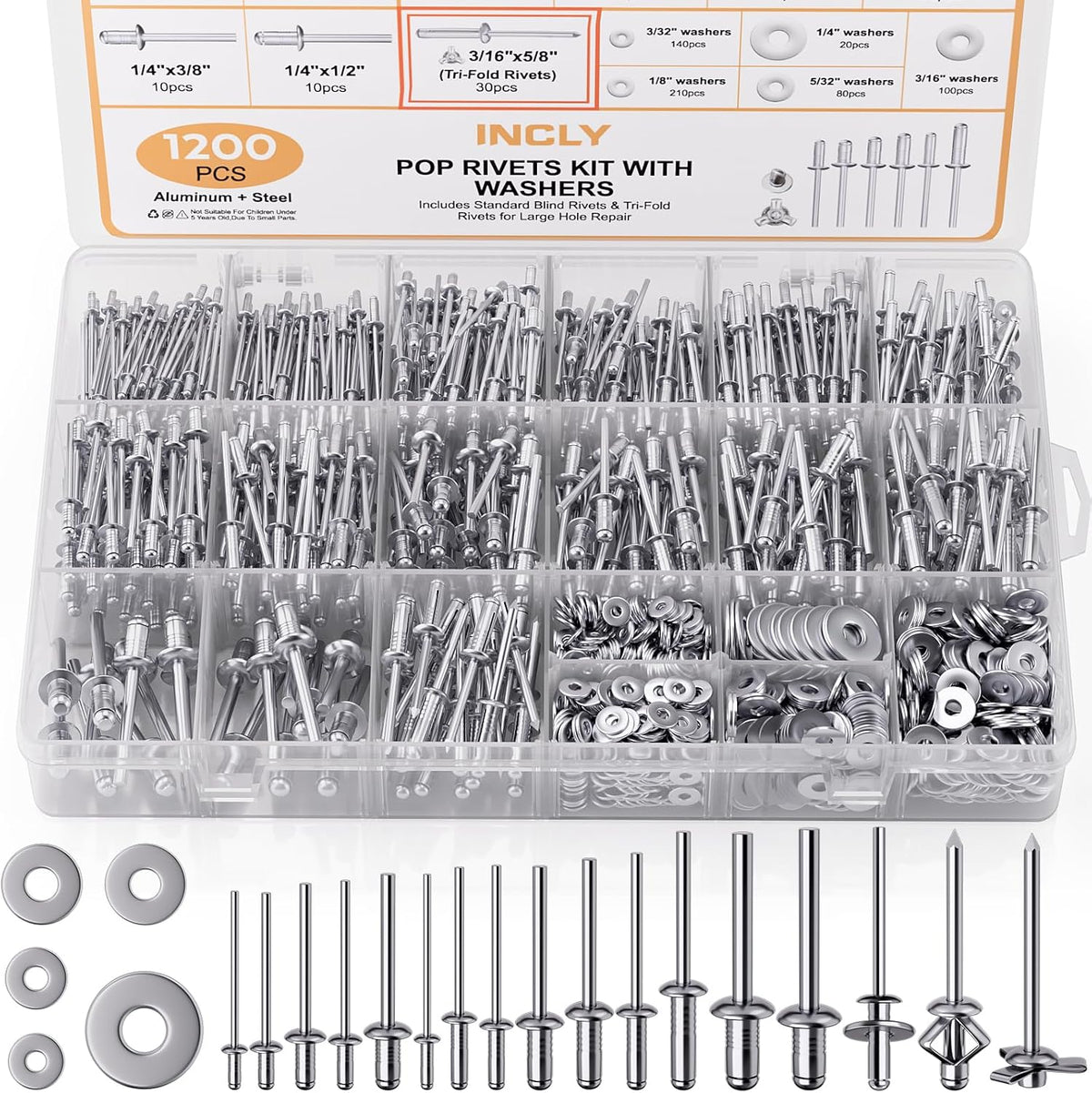 INCLY 1000PCS Aluminum Pop Rivets Assortment Kit with Washers