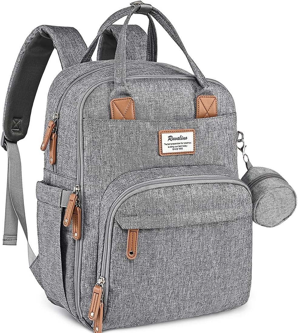 RUVALINO Diaper Bag Backpack-Multifunction Travel Baby Diaper Bag with Changing Pad, Insulated Bottle Holders & Pacifier Case, Large Capacity, Waterproof, Gray