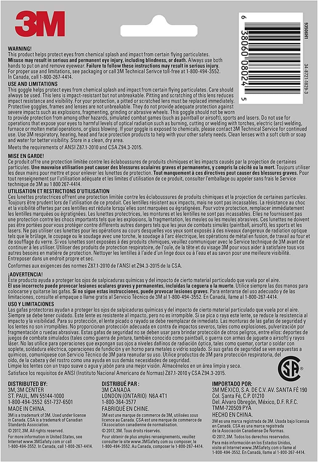 3M Chemical Splash/Impact Resistant Safety Goggle, 1 Pack
