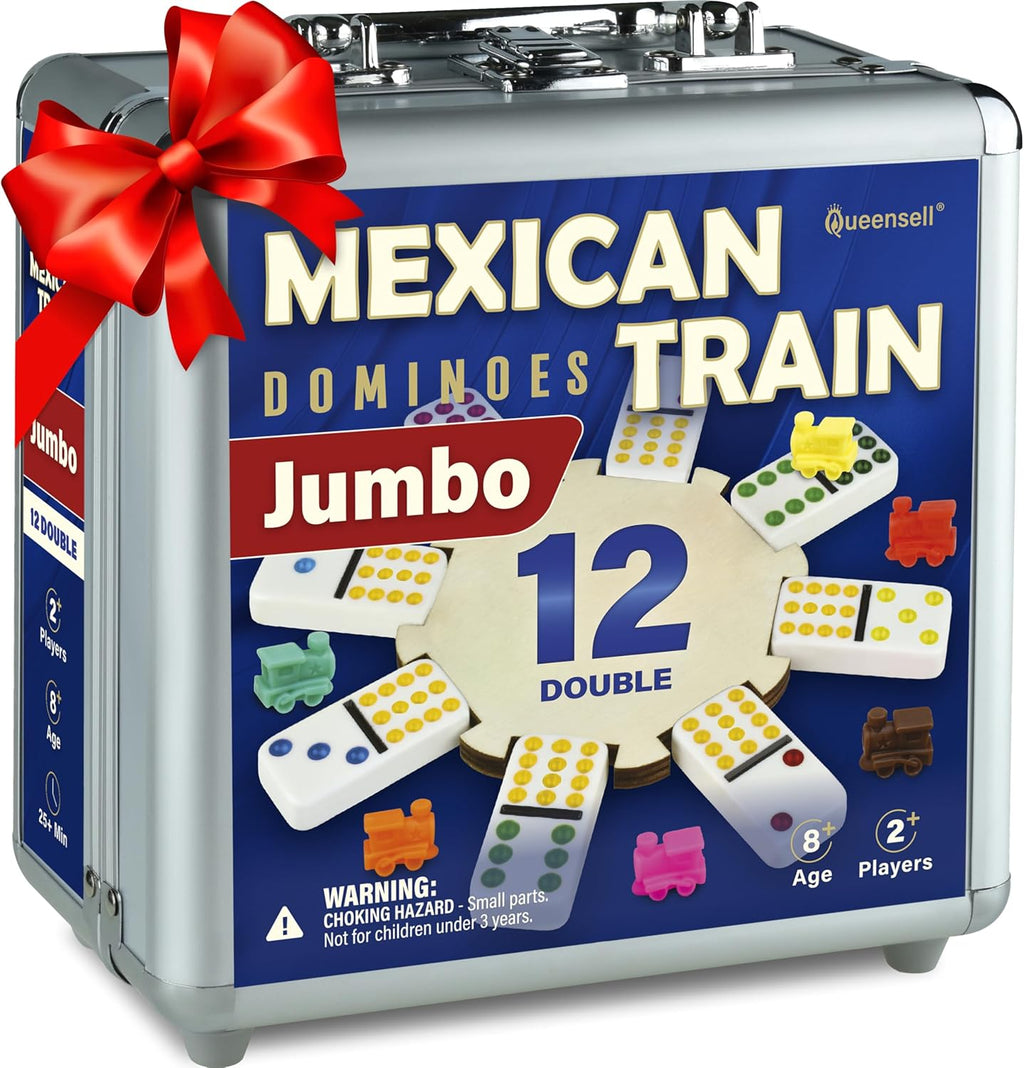 Queensell Mexican Train Dominoes Set with Wooden Hub, Domino Tile Board Games - Double 12 Dominos Set for Family Game Night for Adults and Kids Ages 8 and up (Double 12)
