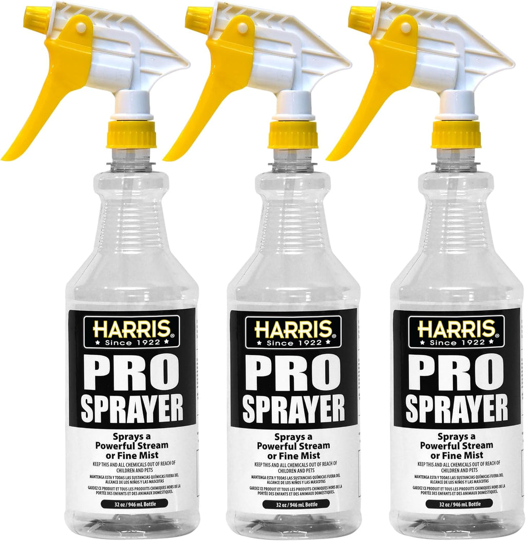 HARRIS Professional Spray Bottle 32oz (3-Pack), All-Purpose for Cleaning and Plants with Clear Finish, Pressurized Sprayer, Adjustable Nozzle and Measurements