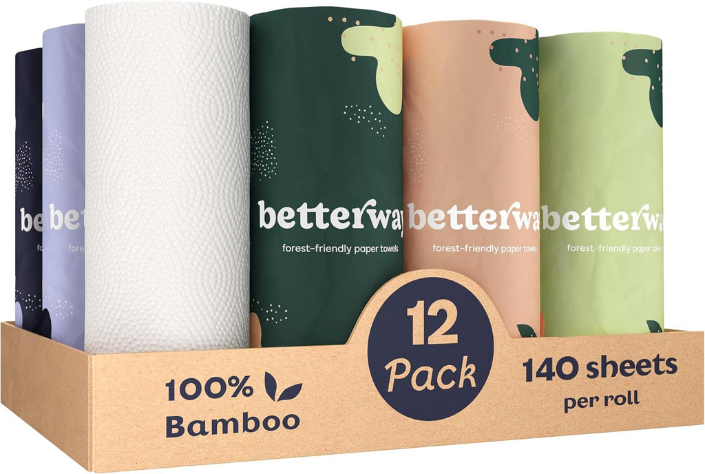 Betterway Bamboo Natural Brown Paper Towels - 8 Rolls, 2 Ply, 110 sheets - Plastic Free, PFAS Free, Disposable Kitchen Paper Towels - Select Size, Tree Free, Compostable, Strong & Absorbent