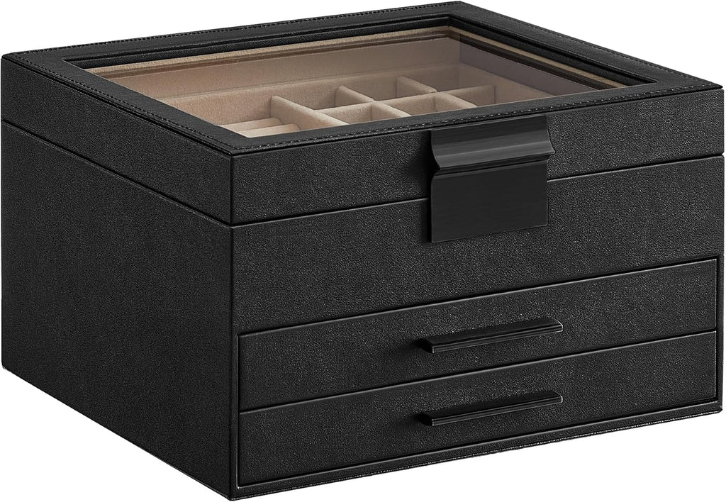SONGMICS Jewelry Box Organizer, 3-Layer Storage with 2 Drawers, Glass Lid