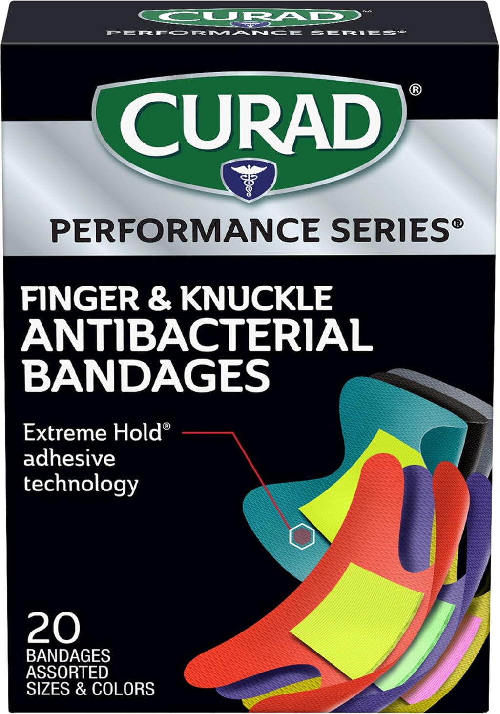 Curad Performance Series Fingertip and Knuckle Antibacterial Bandages, Extreme Hold Adhesive Technology, Fabric Bandages, 20 Count