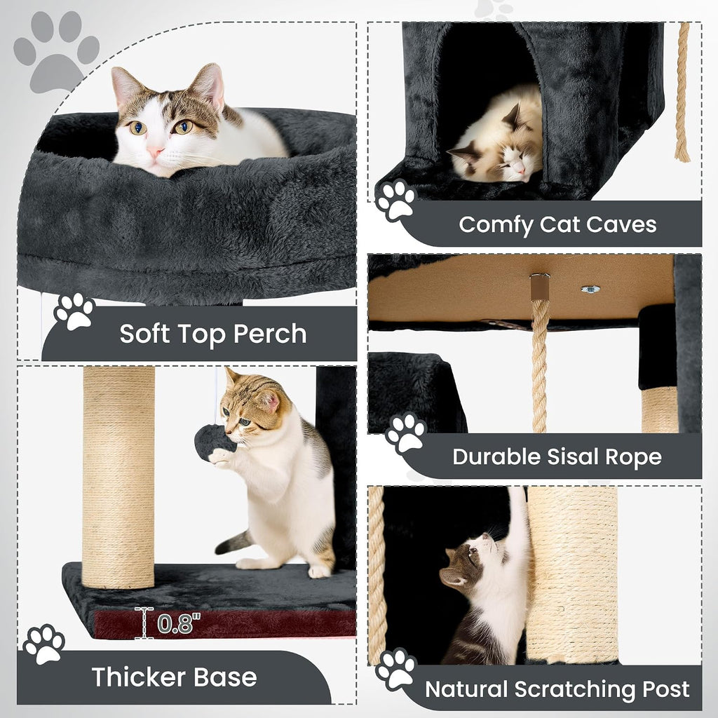 58.5inch Large Cat Tree Tower Condo for Indoor Cats, Soft Plush Multi-Level Climbing Tree Cat House with Cat Cave, Scratching Post, More Entrance/Exit, Sisal Rope, Grey Black