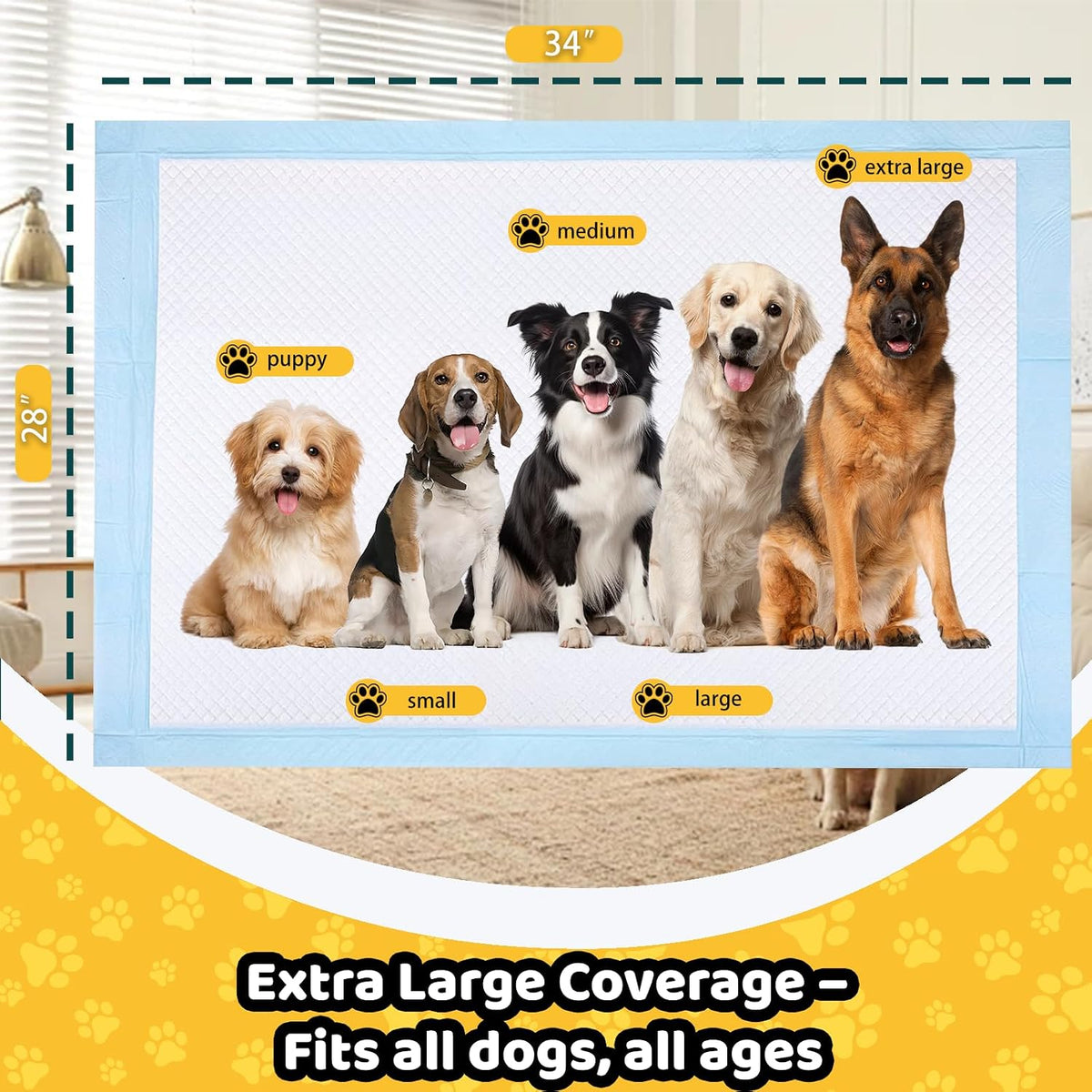 100 Count Dog Pee Pads 34" x 28", Super Absorbent Leak-Proof Training Pads | Quick-Dry Design,Dog Training Pads,6-Layer Protection,Soft Nonwoven Top Layer,XL Size,Versatile Use,Tear-Resistant