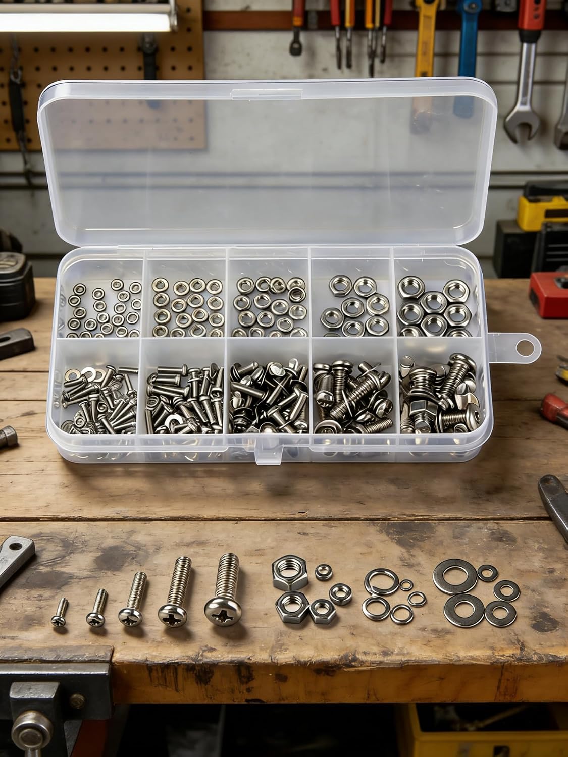 120pcs Stainless Steel Screw Assortment Kit, M2 M2.5 M3 M4 M5 Hex Nuts and Flat Washers Set, 304 Round Head Machine Screws Bolts with Spring Washers for Electronics DIY Repair