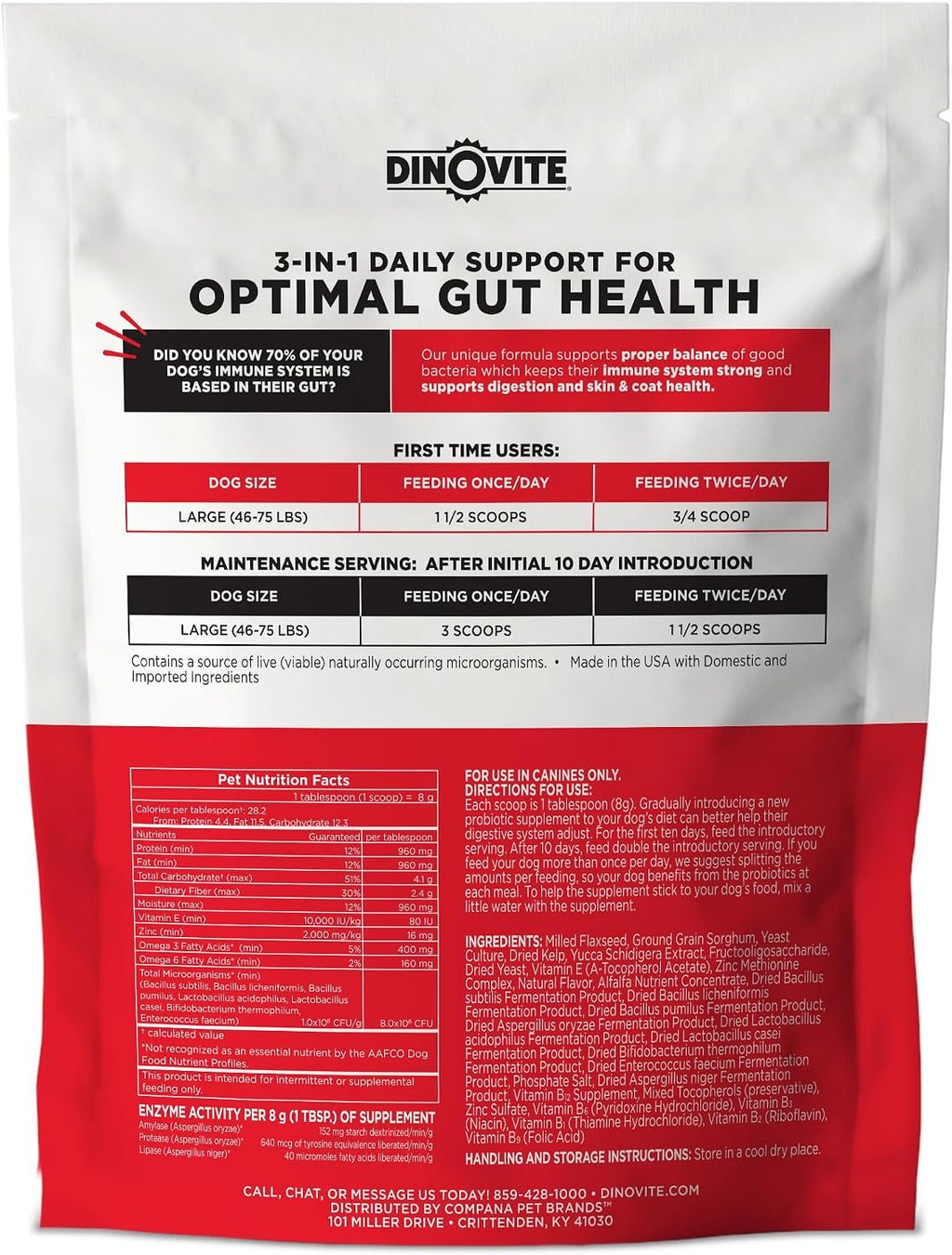 Dinovite Probiotics for Large Dogs, Probiotic Food Topper, 30 Servings