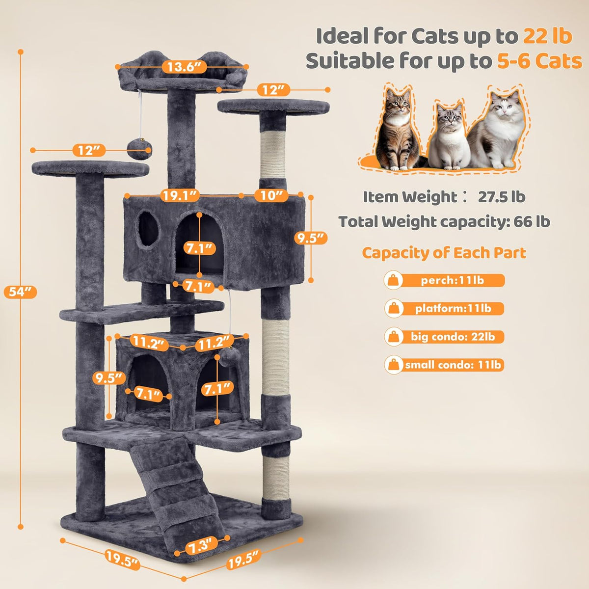 Yaheetech 54in Cat Tree Tower, 2 Caves, Kitten-Ear Perch & Scratching Posts