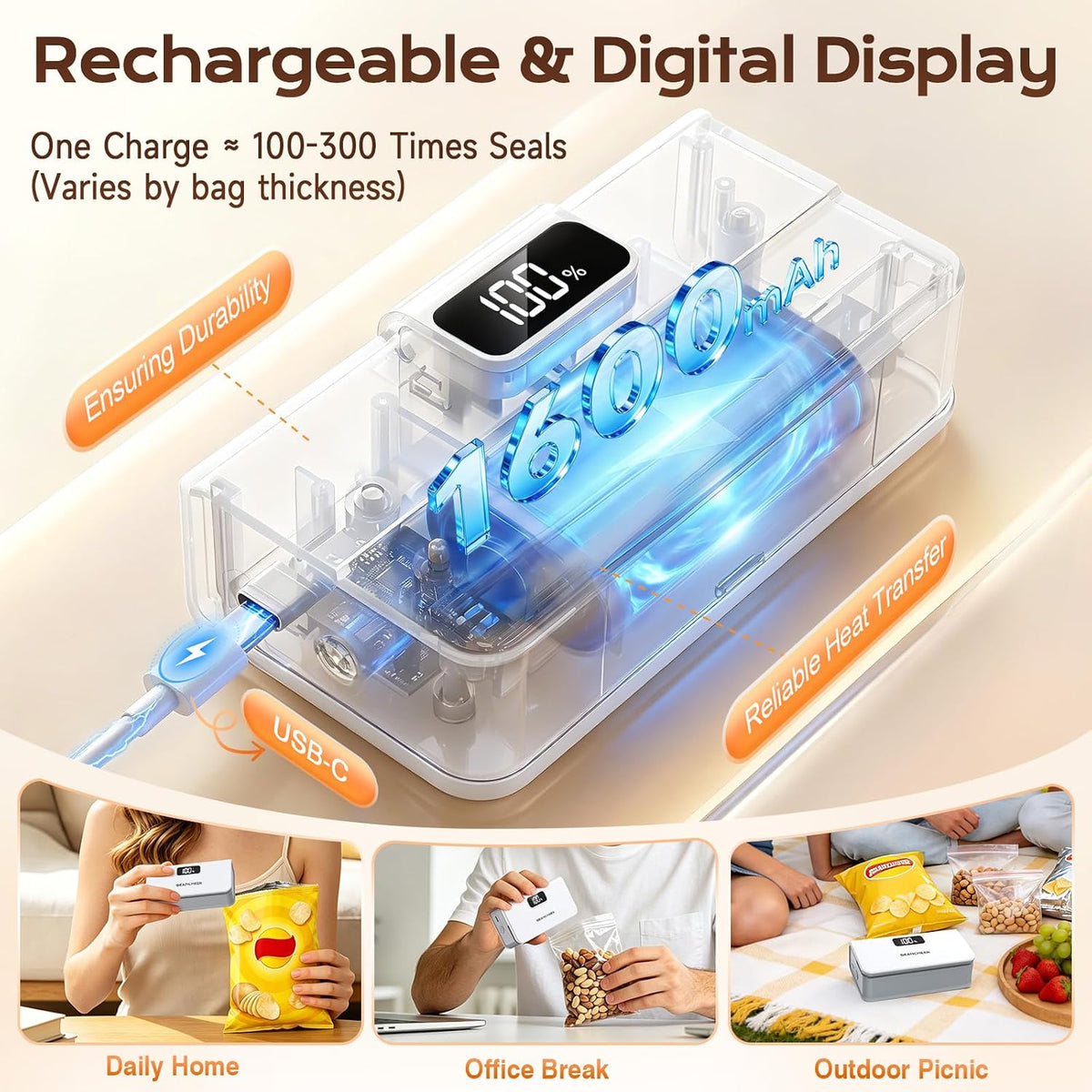 SEANCHEER Rechargeable Mini Bag Sealer, 6 Heat Levels with Magnet & Cutter