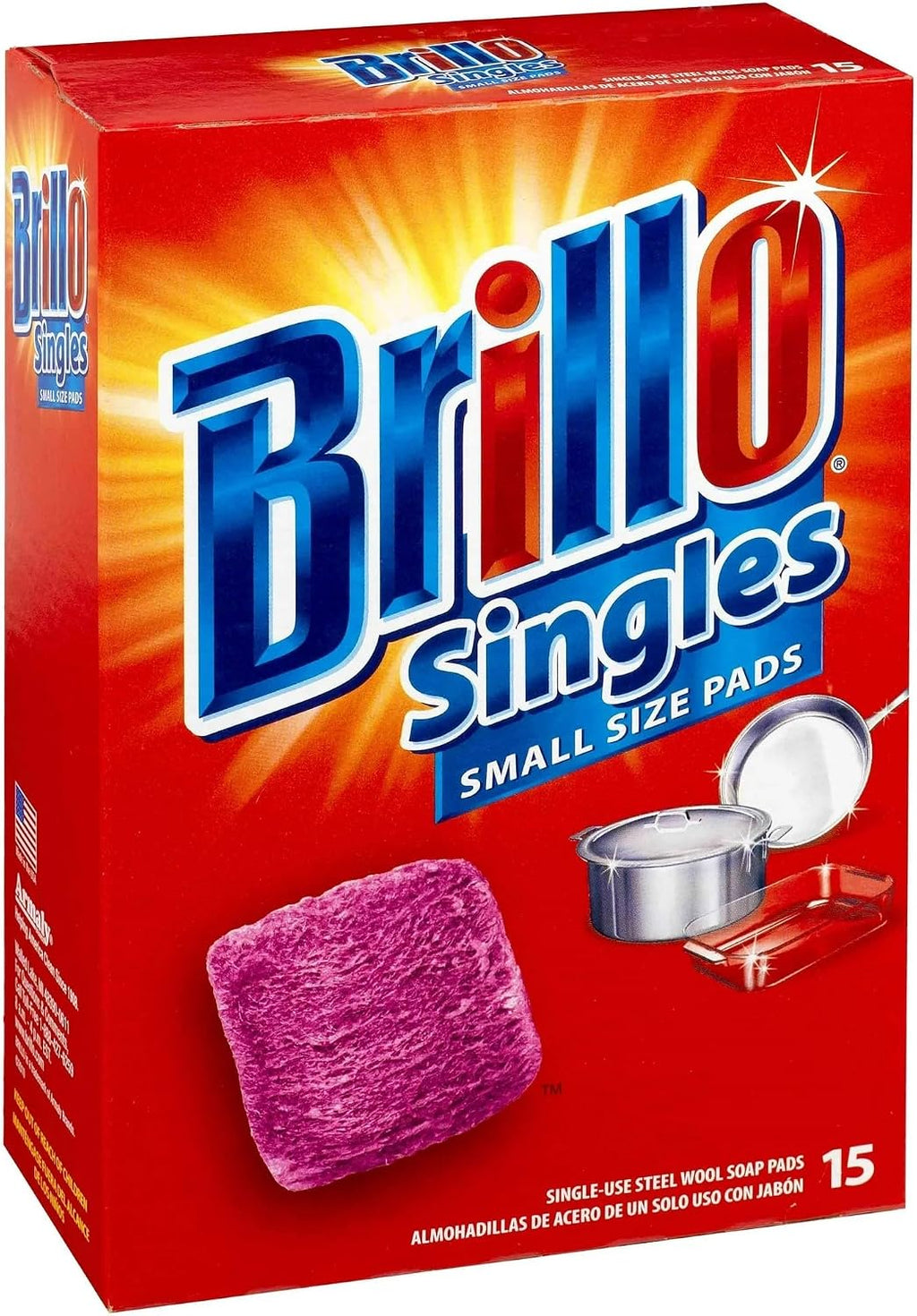 Brillo Single Use Steel Wool Soap Pads, Smaller Size Original Red Scent, 15 Count Pack of 1