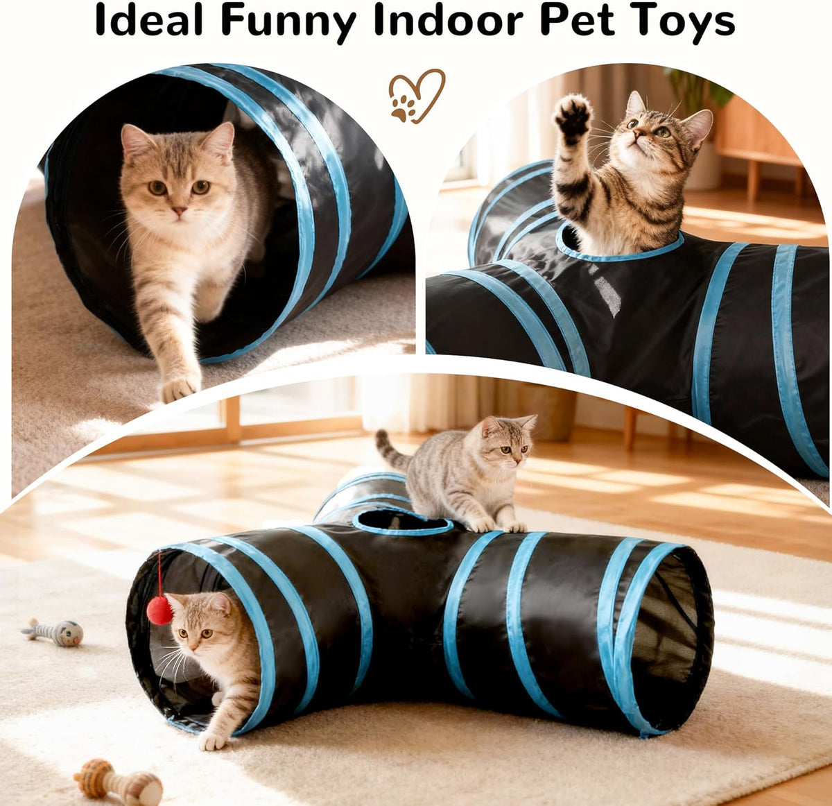 Tempcore Cat Tunnel, 3-Way Collapsible Toy for Indoor Cats, Black & Blue