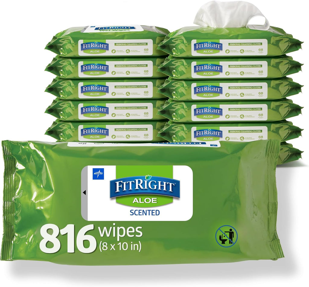 FitRight Personal Cleansing Wipes with Aloe 8x10 Unscented 600 Count