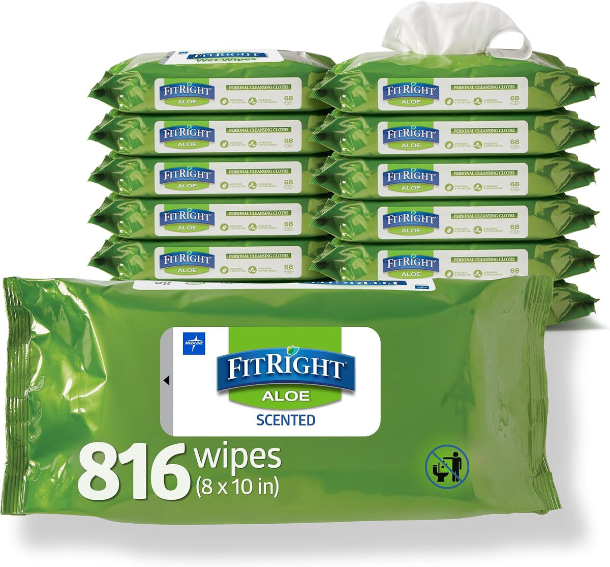 FitRight Personal Cleansing Wipes with Aloe 8x10 Unscented 600 Count