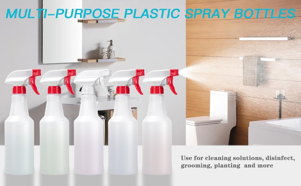 Veco Spray Bottle (5 Pack,16 Oz) with Measurements and Adjustable Nozzle(Mist & Stream Mode), HDPE Plastic Spray Bottles for Cleaning Solution, Household/Commercial/Industrial Use, No Leak and Clog