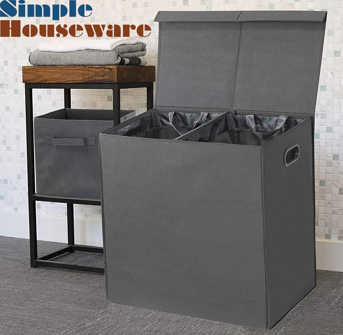 Simple Houseware Double Laundry Hamper with Lid & Removable Bags, Black