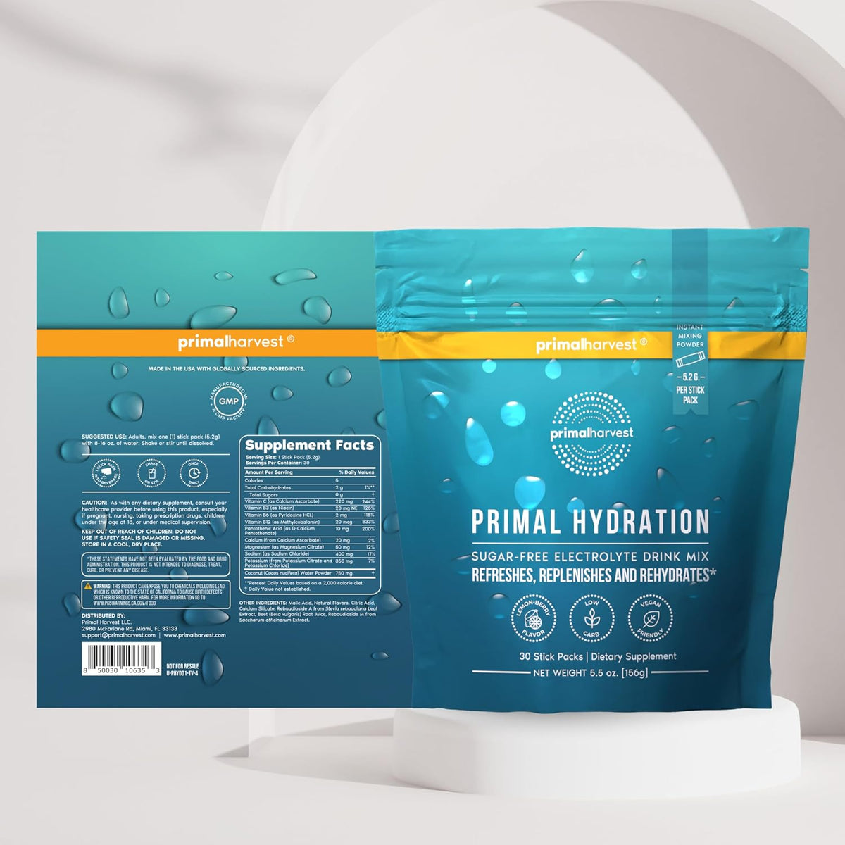 Primal Harvest Hydration - Electrolytes Sticks, Lemon Berry Flavor, Vegan