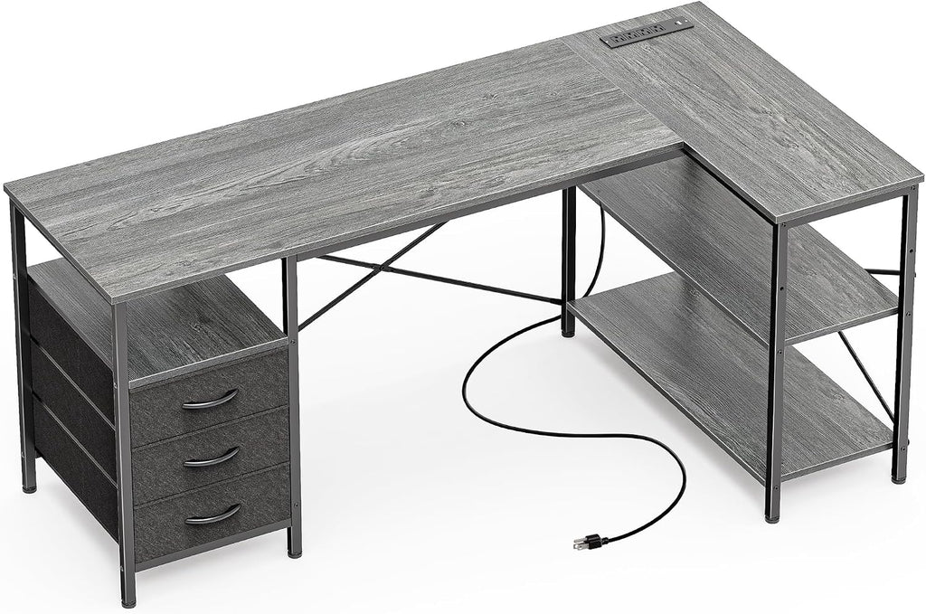 Huuger L Shaped Office Desk with Power Outlets & 3 Drawers