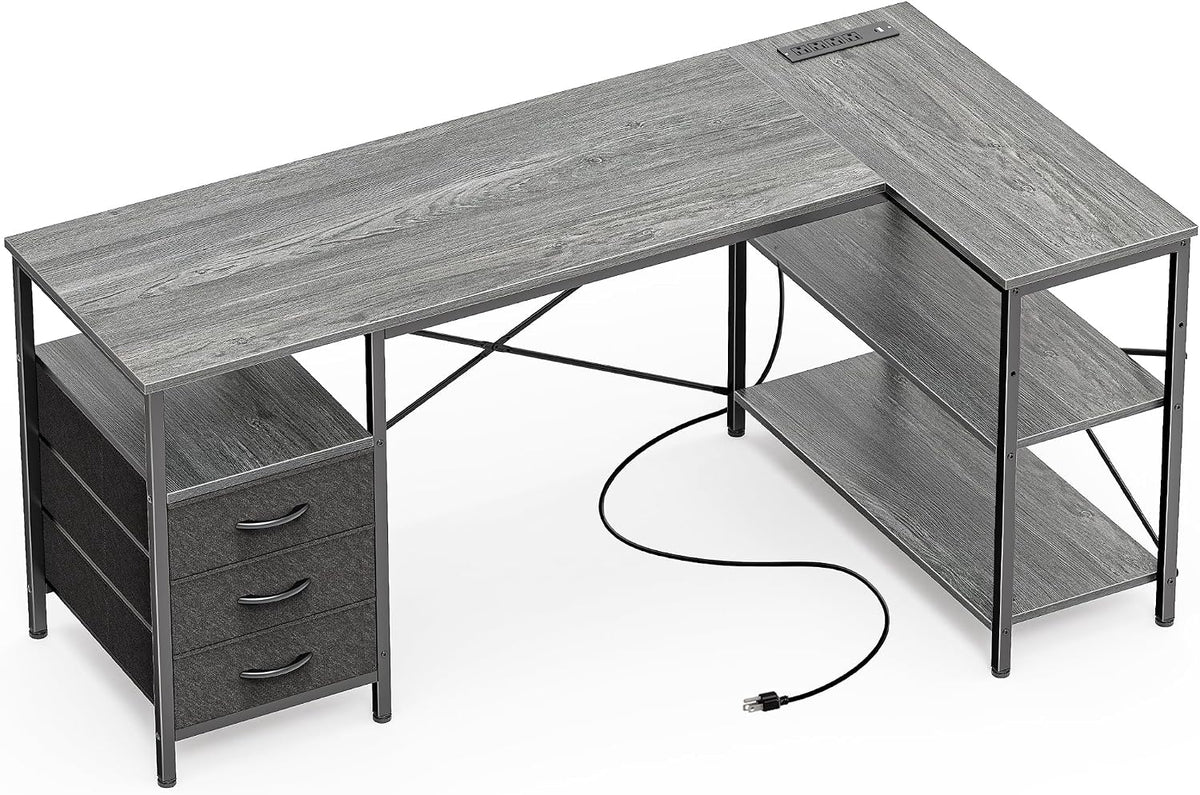 Huuger L Shaped Office Desk with Power Outlets & 3 Drawers