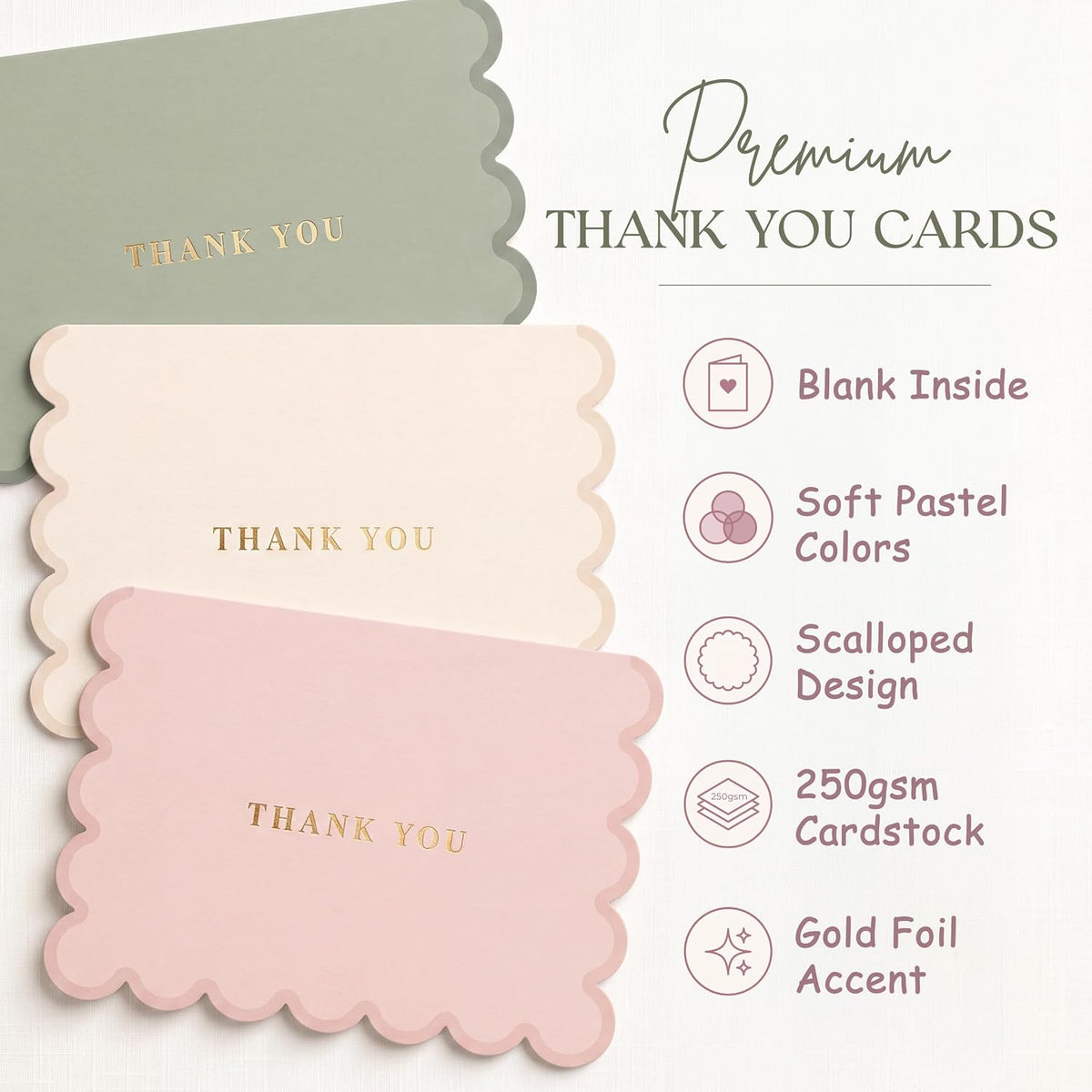 AUDREE Thank You Cards with Envelopes, Scalloped Gold Foil 50 Pack 3.5x5