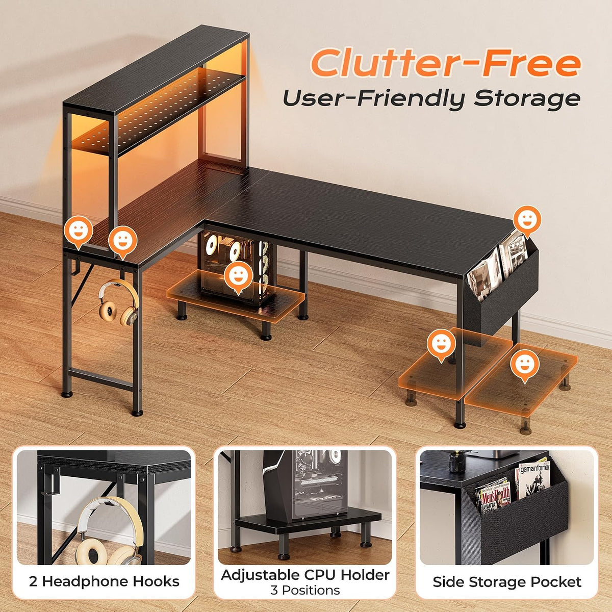 PRAISUN L Shaped Gaming Desk with LED Lights & Power Outlets