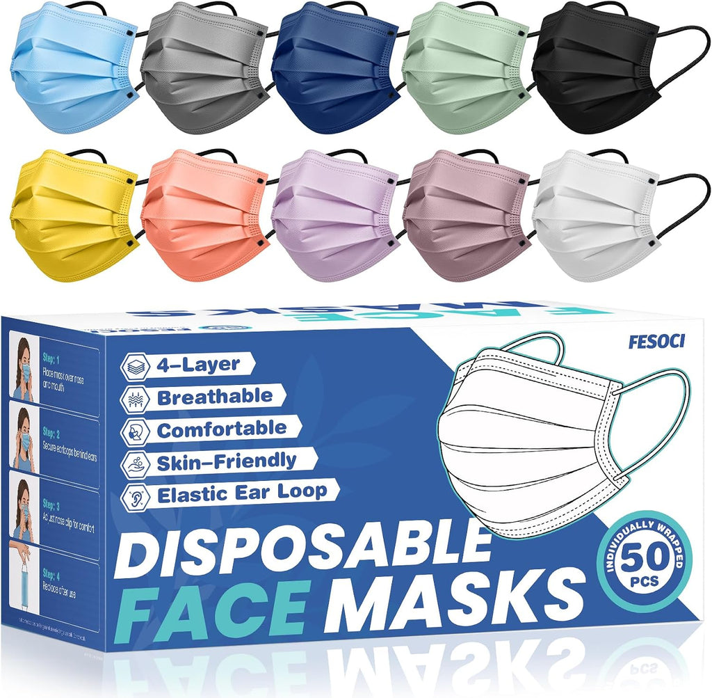 Disposable Face Masks for Adults, FSA Eligible HSA, 4 Ply 50 Pack