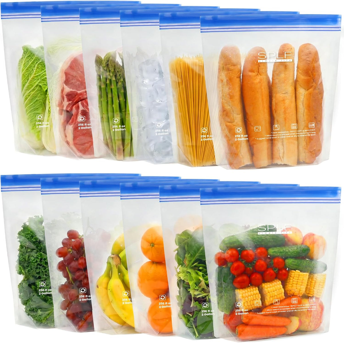 SPLF 12 Pack Reusable Gallon Freezer Bags Dishwasher Microwave Safe
