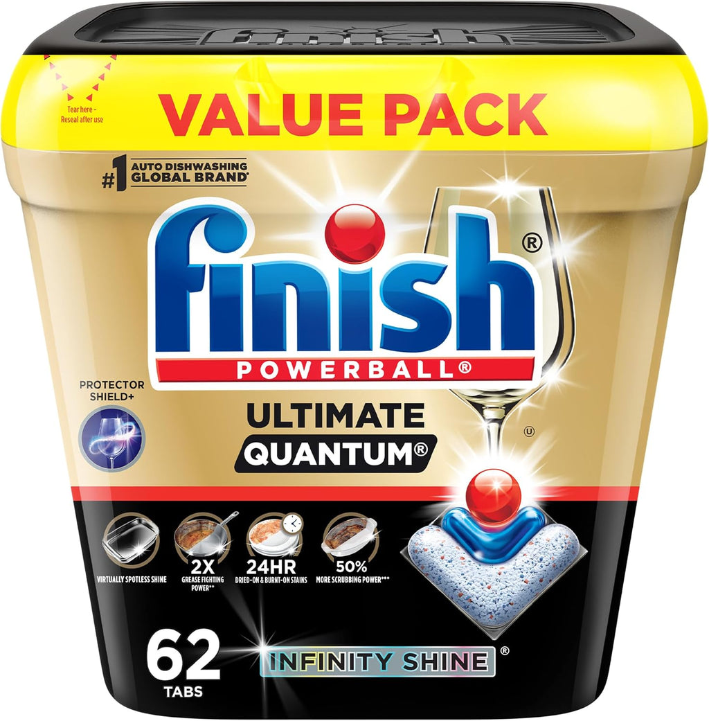 Finish Ultimate Quantum Infinity Shine Dishwasher Pods, New & Improved Formula, Dishwasher Detergent Dish Soap, Removes Burnt-On & Dried-On Stain, Fresh Scent, 62 Count