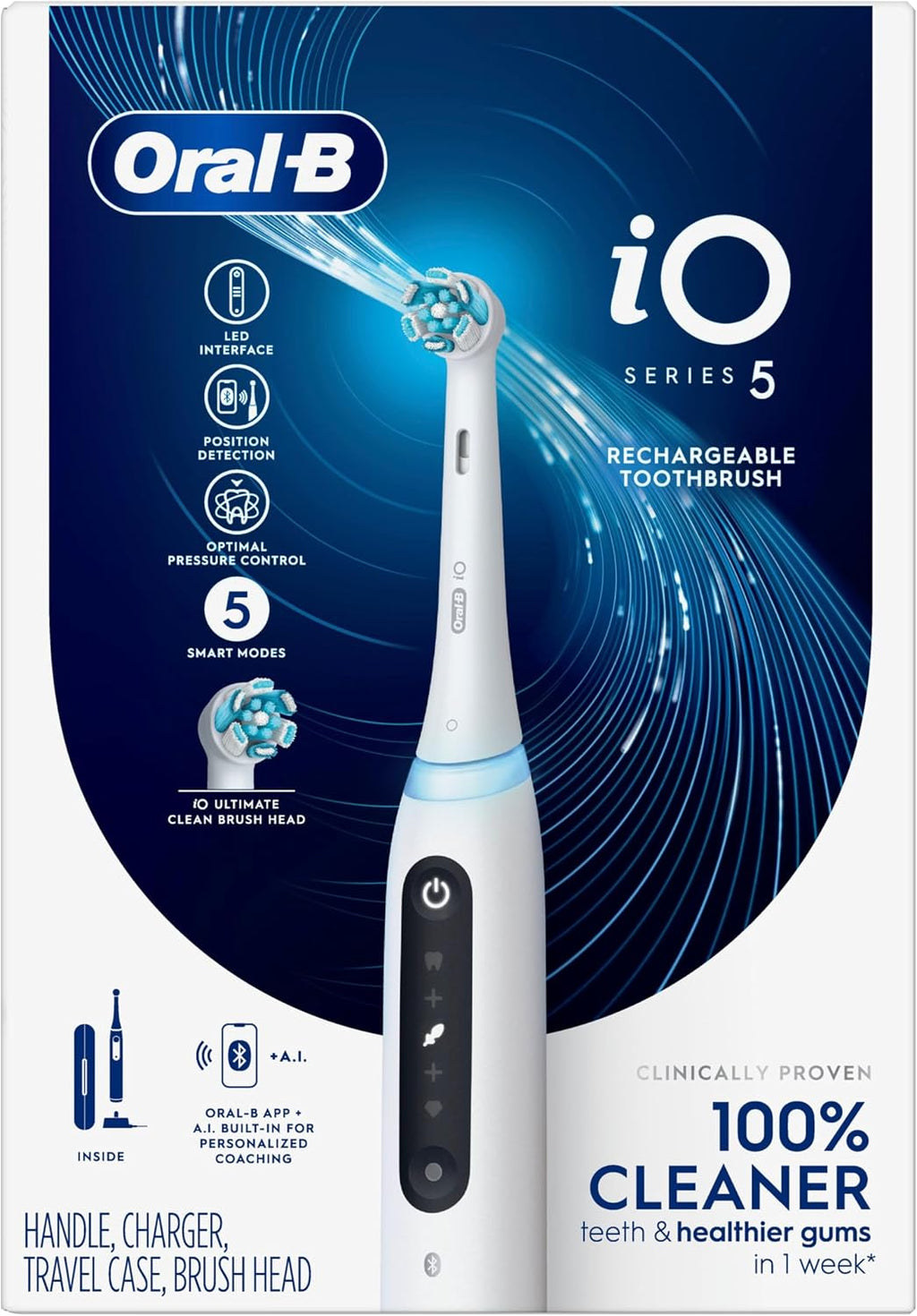 Oral-B Rechargeable Electric Toothbrush, iO5 Customizable Clean, 5 Cleaning Modes, Visual Pressure Sensor to Protect Gums, Travel Case, White
