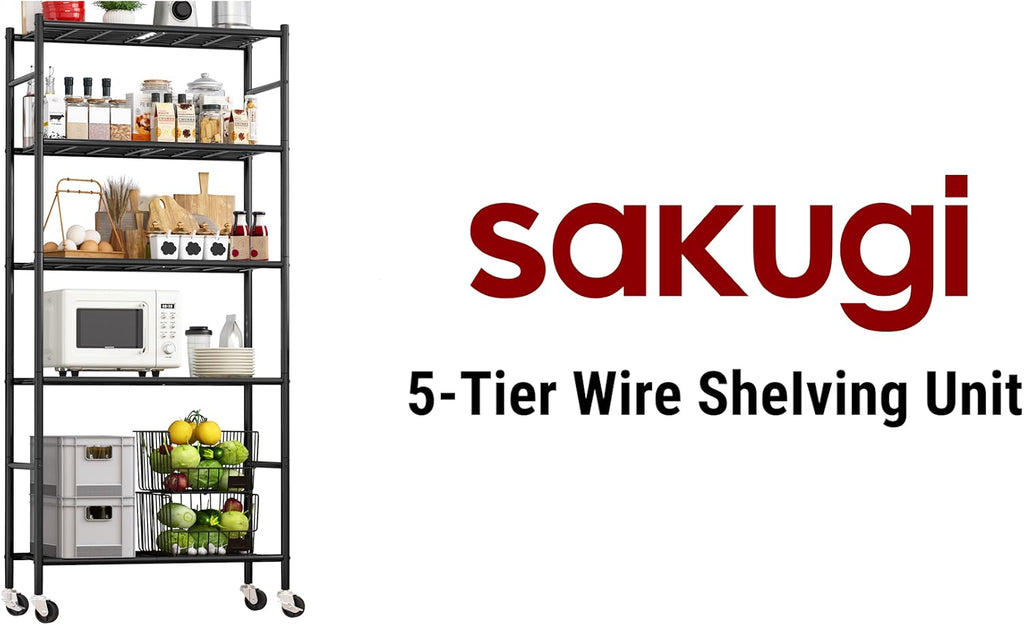 Sakugi 5-Tier Storage Shelves 33.1" x12.6" x73.5" Black with Wheels