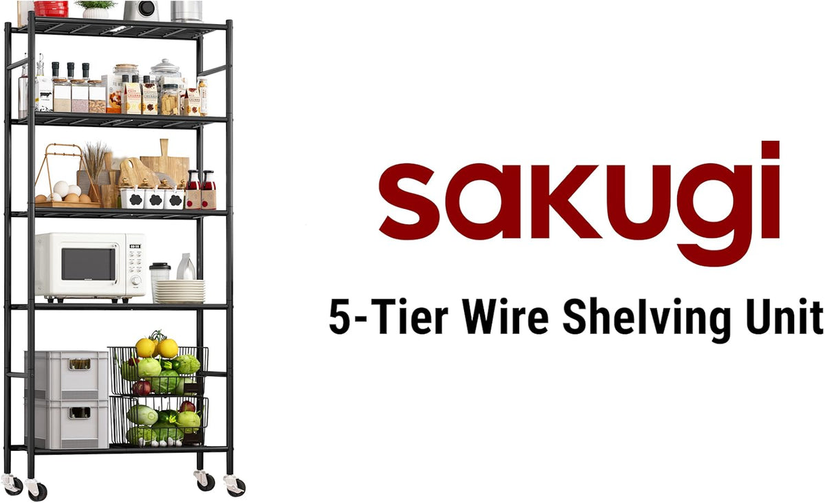 Sakugi 5-Tier Storage Shelves 33.1" x12.6" x73.5" Black with Wheels