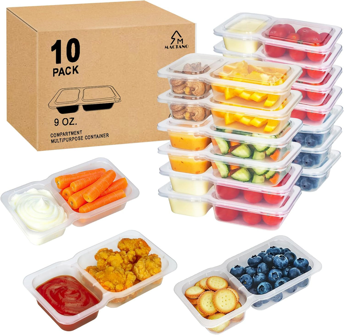 MACTANO Reusable Snack Containers with Lids, 9 oz Double Compartment Plastic Snack Pack Containers Portion Control Meal Prep Snack Boxes BPA Free 20 Sets for Work Travel School
