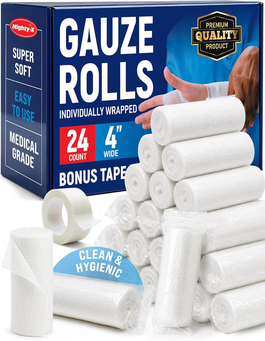 Medical Gauze Rolls – 24pk – 4" x4.1yd – Soft and Breathable Gauze Bandage