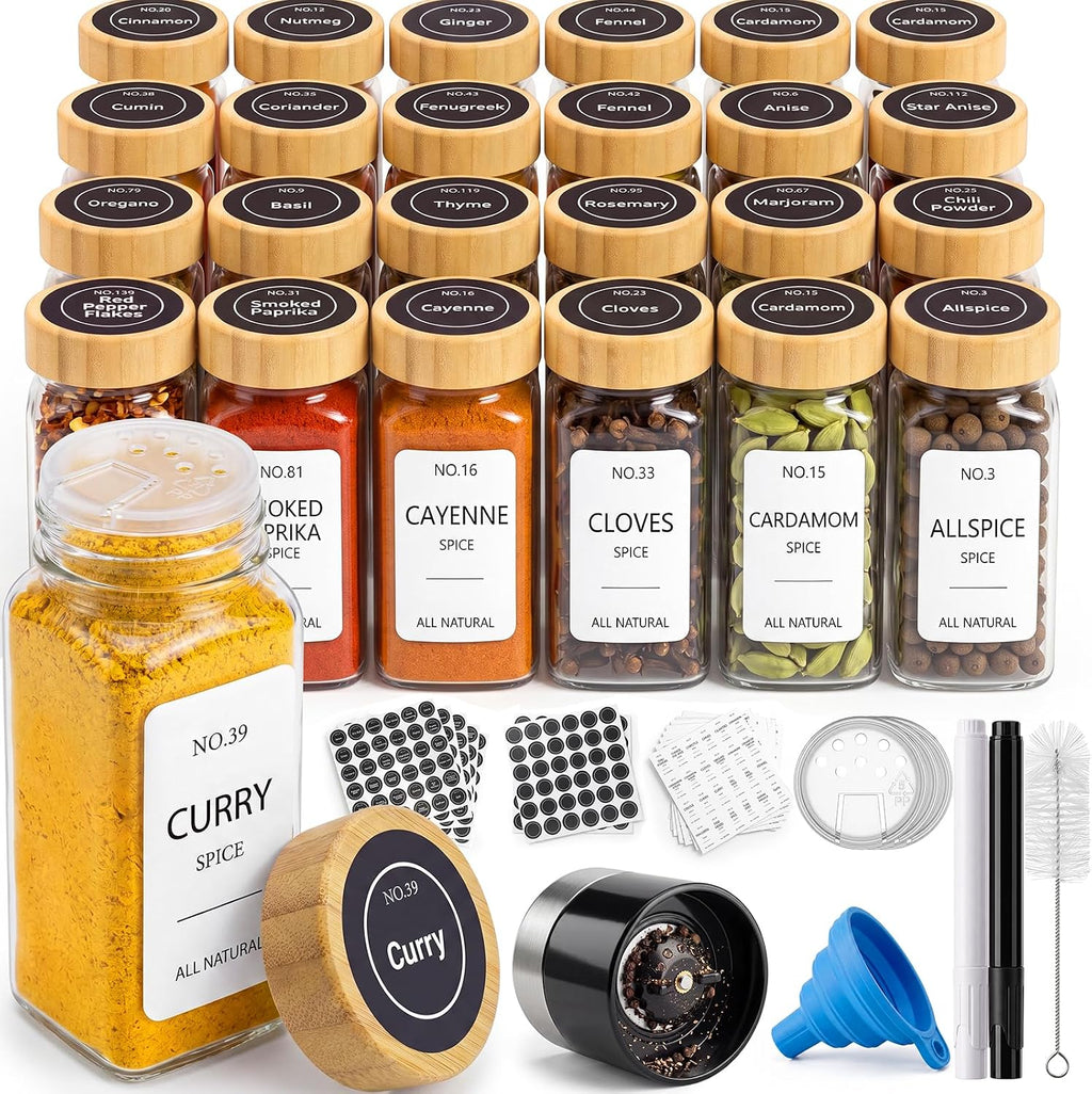 24 Pack Glass Spice Jars: 492 Lables & Pepper Grinder