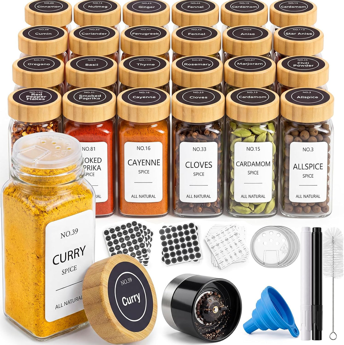 24 Pack Glass Spice Jars: 492 Lables & Pepper Grinder