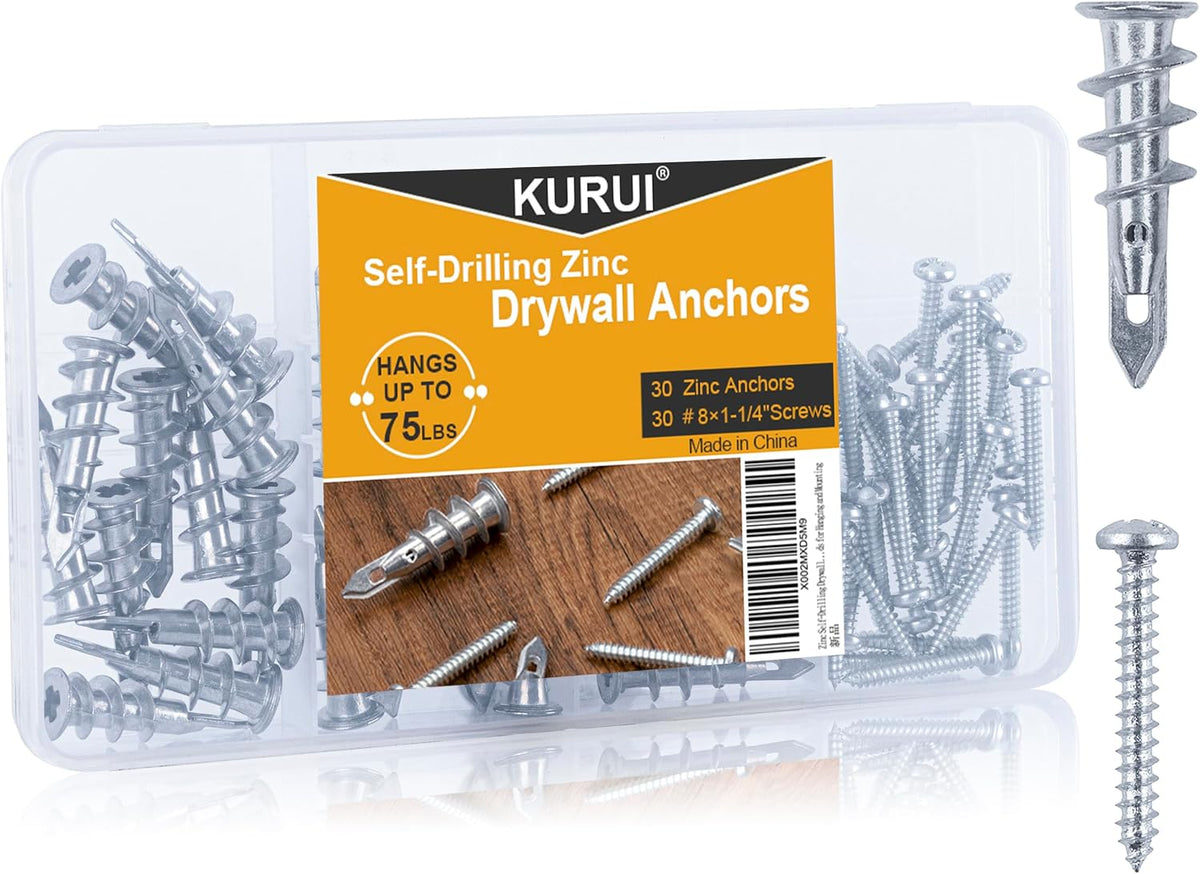 KURUI 140Pcs #8 Self Drilling Drywall Anchors and Screws Kit, No Drill Hole