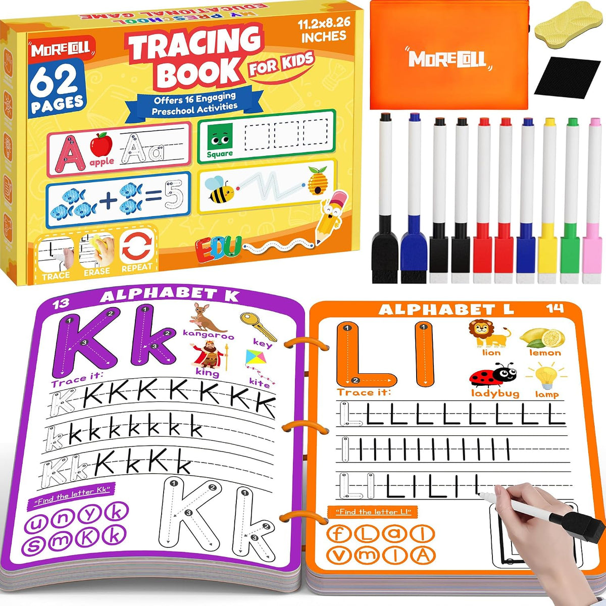 Preschool Learning Activities Educational Workbook, 62 Reusable Pages Pre Kindergarten Workbooks, Number Letter Tracing Books for Kids, Autism Learning Materials, ABC Busy Book for Kids Ages 3-7