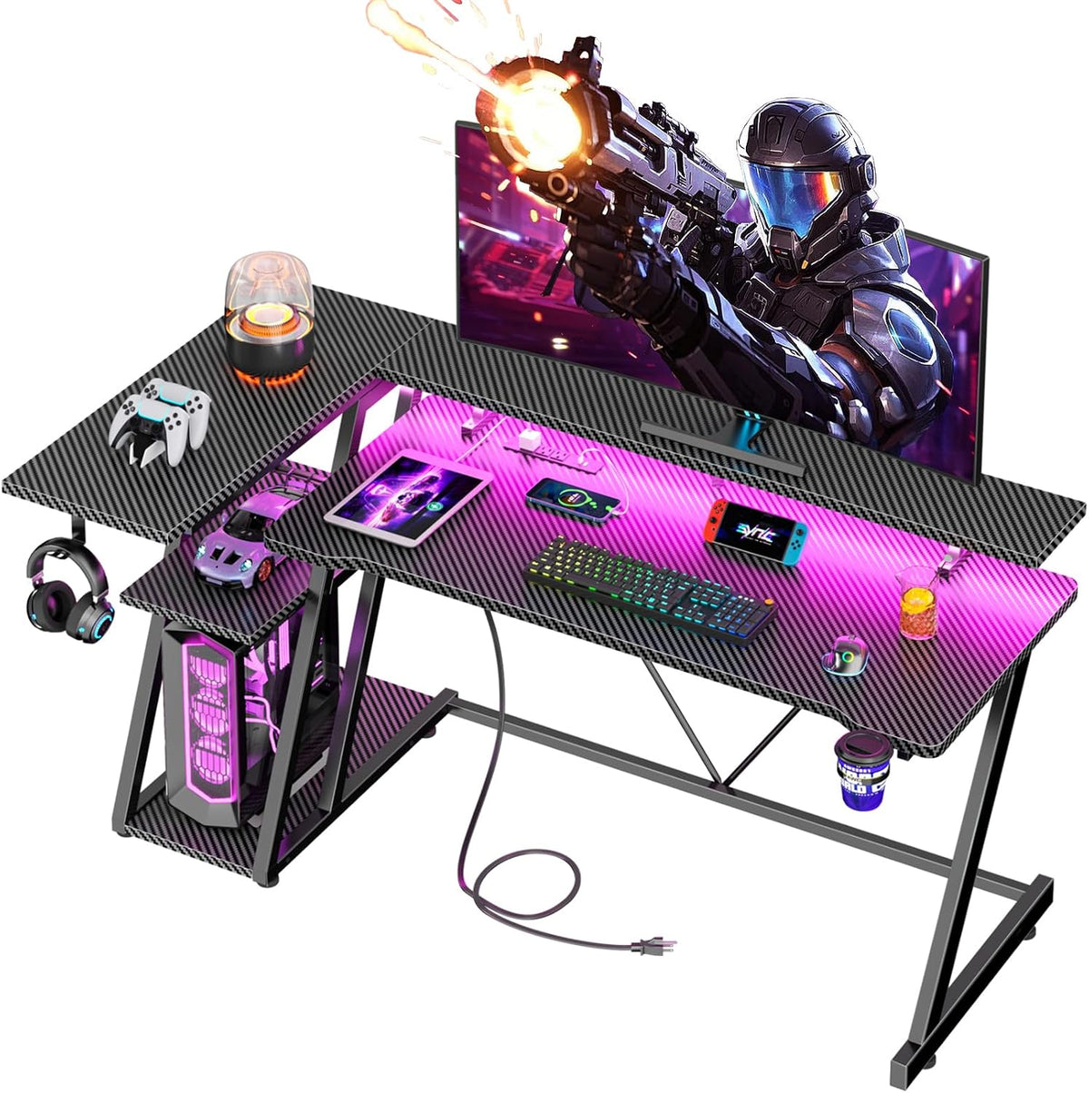 Korfile 40 Inch Gaming Desk with Power Outlet, LED, Carbon Fiber Black