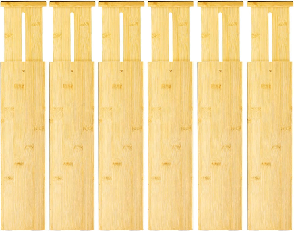 VaeFae 6-Pack Adjustable Bamboo Drawer Dividers, Expandable Drawer Organizer for Kitchen Utensils, Clothes, Bathroom, Office – Fits Drawer Interiors 16.6" to 21.8"