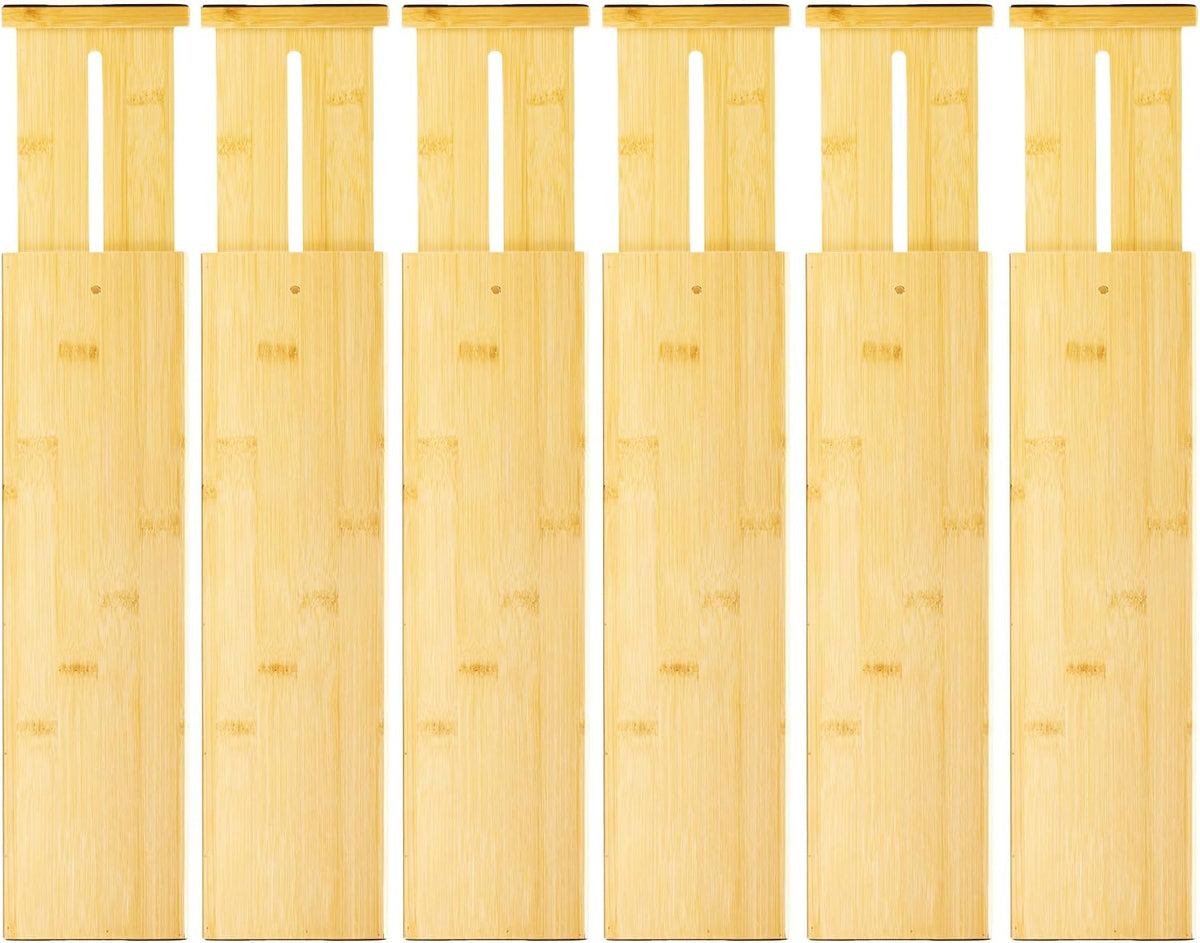 VaeFae 6-Pack Adjustable Bamboo Drawer Dividers, Expandable Drawer Organizer for Kitchen Utensils, Clothes, Bathroom, Office – Fits Drawer Interiors 16.6" to 21.8"