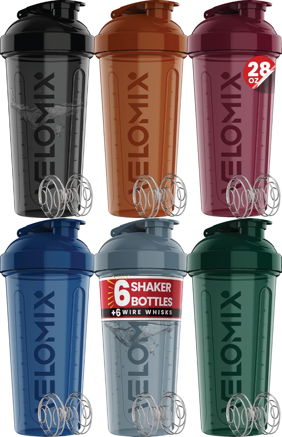 VELOMIX 6 Pack 28oz Shaker Cups for Protein Shakes, Blacks to Transparent