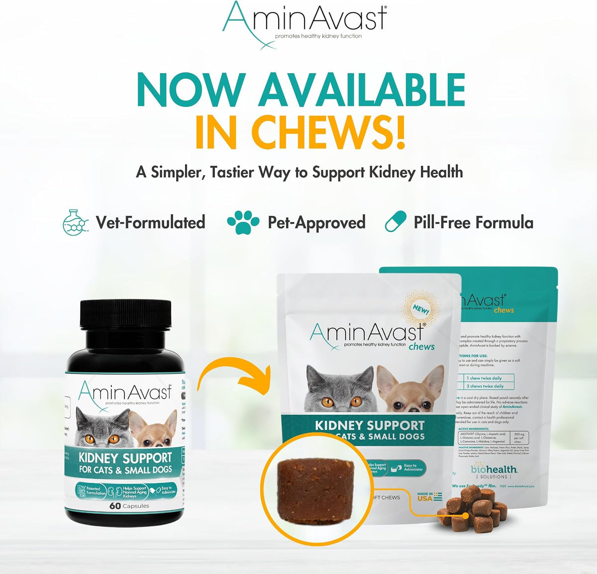 AminAvast 300mg Kidney Support for Cats & Small Dogs, 60 Sprinkle Capsules