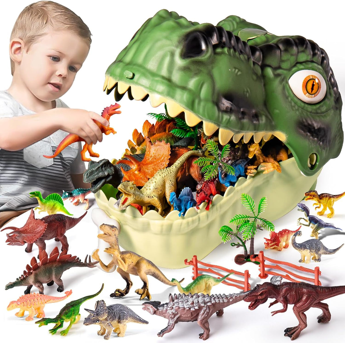 Dinosaur Toys Kids 3-5, 45PCS Jurassic Playset with Trees & Fence