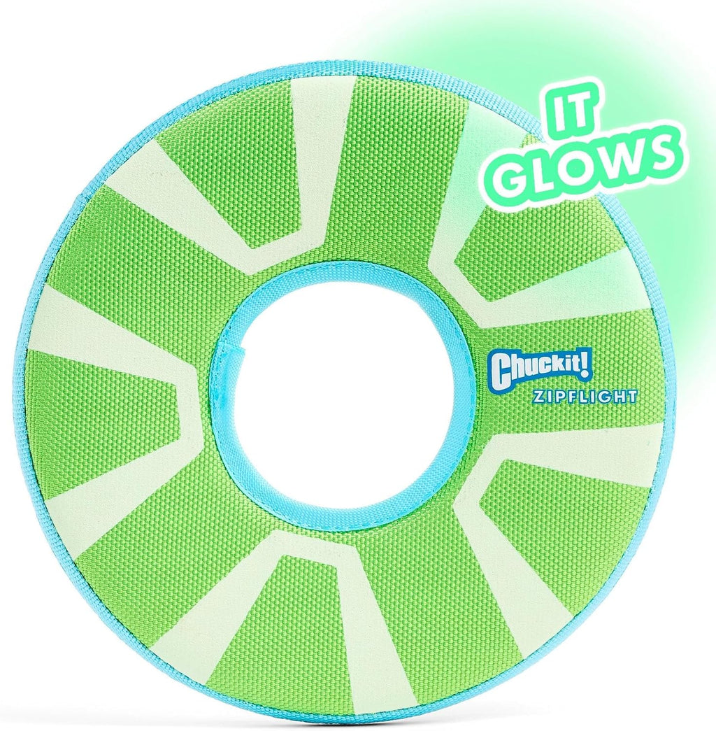 Chuckit! Max Glow Zipflight Flying Disc Dog Toy, Floats, Medium, 8.5in | Water-Floating Flyer Made with Durable Polyester Construction for Beach and Pool Play; Sized for Medium and Large Dogs
