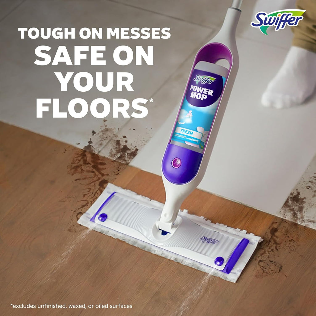 Swiffer PowerMop Mopping Kit for Floor Cleaning, Set Includes 1 Power Mop, 2 Replacement Pads, 1 Liquid Solution Refill, 2 Batteries, No Bucket Needed Electric Spray Cleaner, Multi-Surface and Wood
