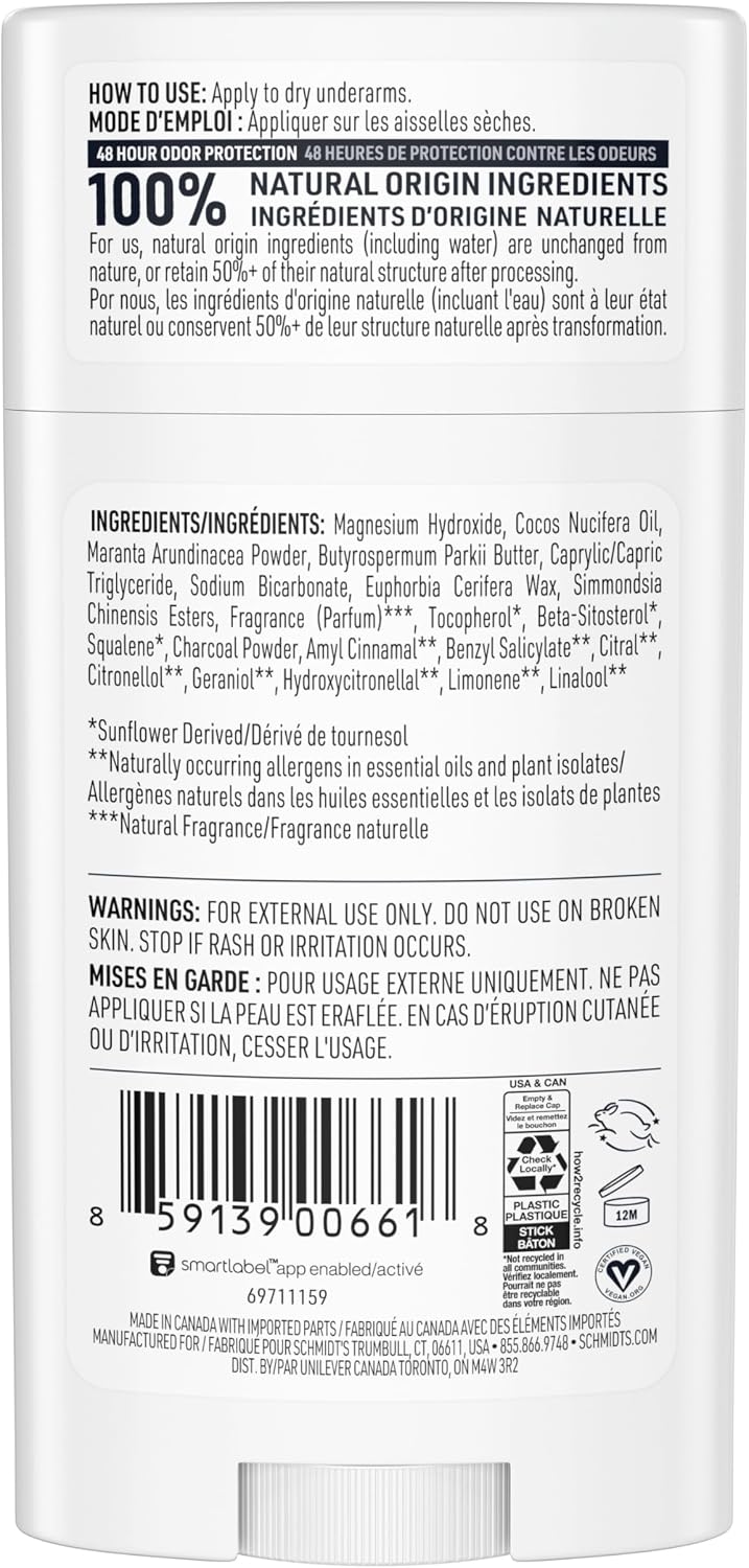 Schmidt's Aluminum-Free Vegan Deodorant Charcoal & Magnesium with 2.65 oz