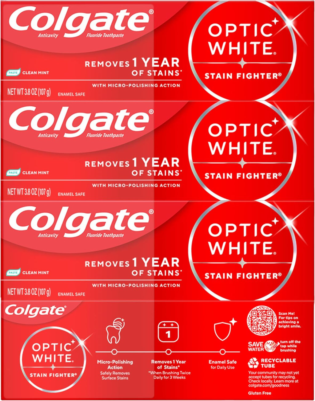 Colgate Optic White Stain Fighter Whitening Toothpaste, Mint, 4 Pack, 3.8oz